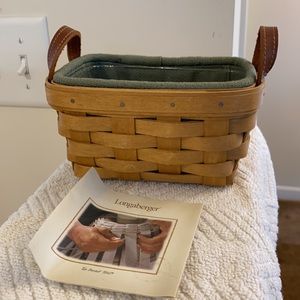 Vintage 2003 Longaberger Handwoven Brown Tea Basket Green Fabric Liner Protector